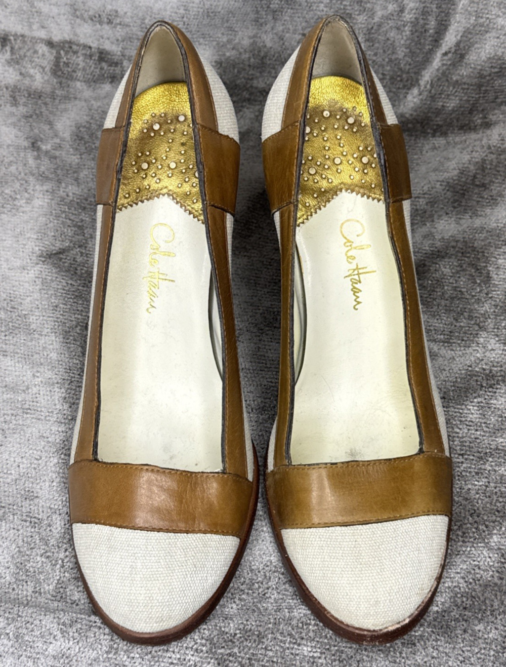Cole Haan Canvas Ivory Tan Leather Block Heel Pumps 6.5B Made in Brazil